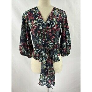 Amanda Uprichard Wrap Top Navy Blue Dark Floral Small Puff Sleeves Cropped